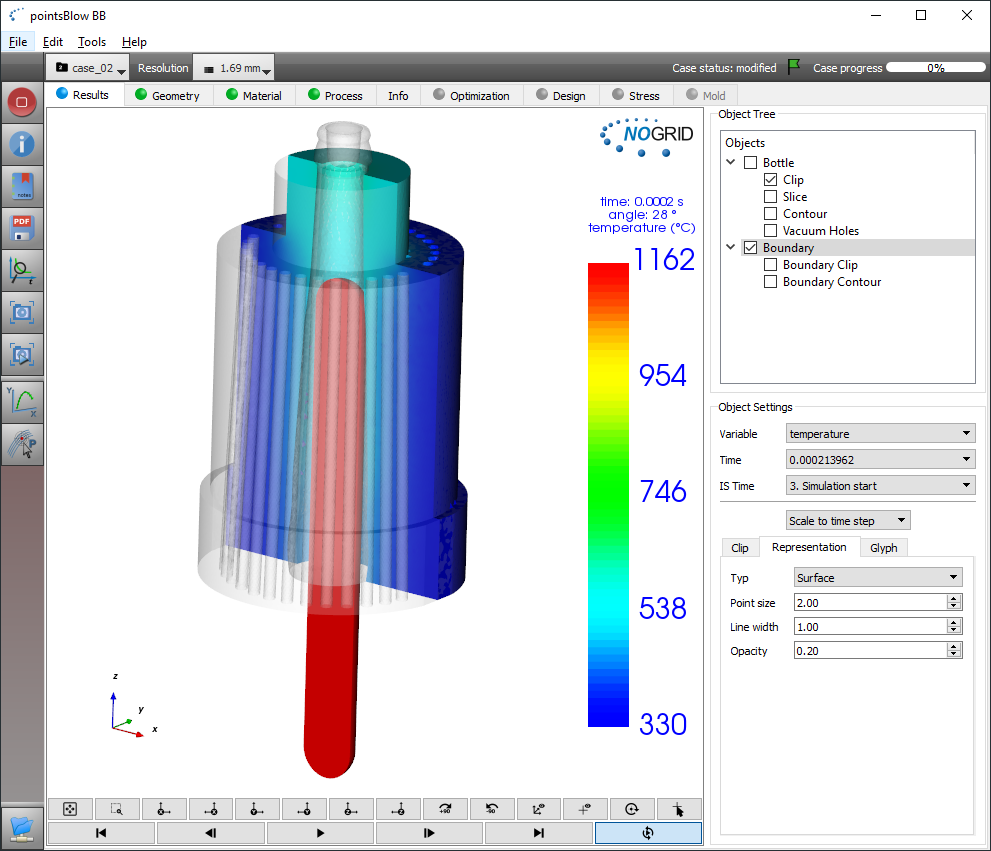 Coupled conatiner forming simulation (glass and solid molds)