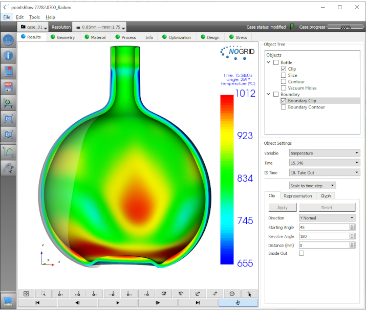 Result view of a non axis-symmetric container in NOGRID pointsBlow software