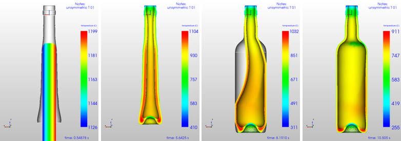 Results simulation glass container forming non-symmetric conditions in NOGRID pointsBlow software