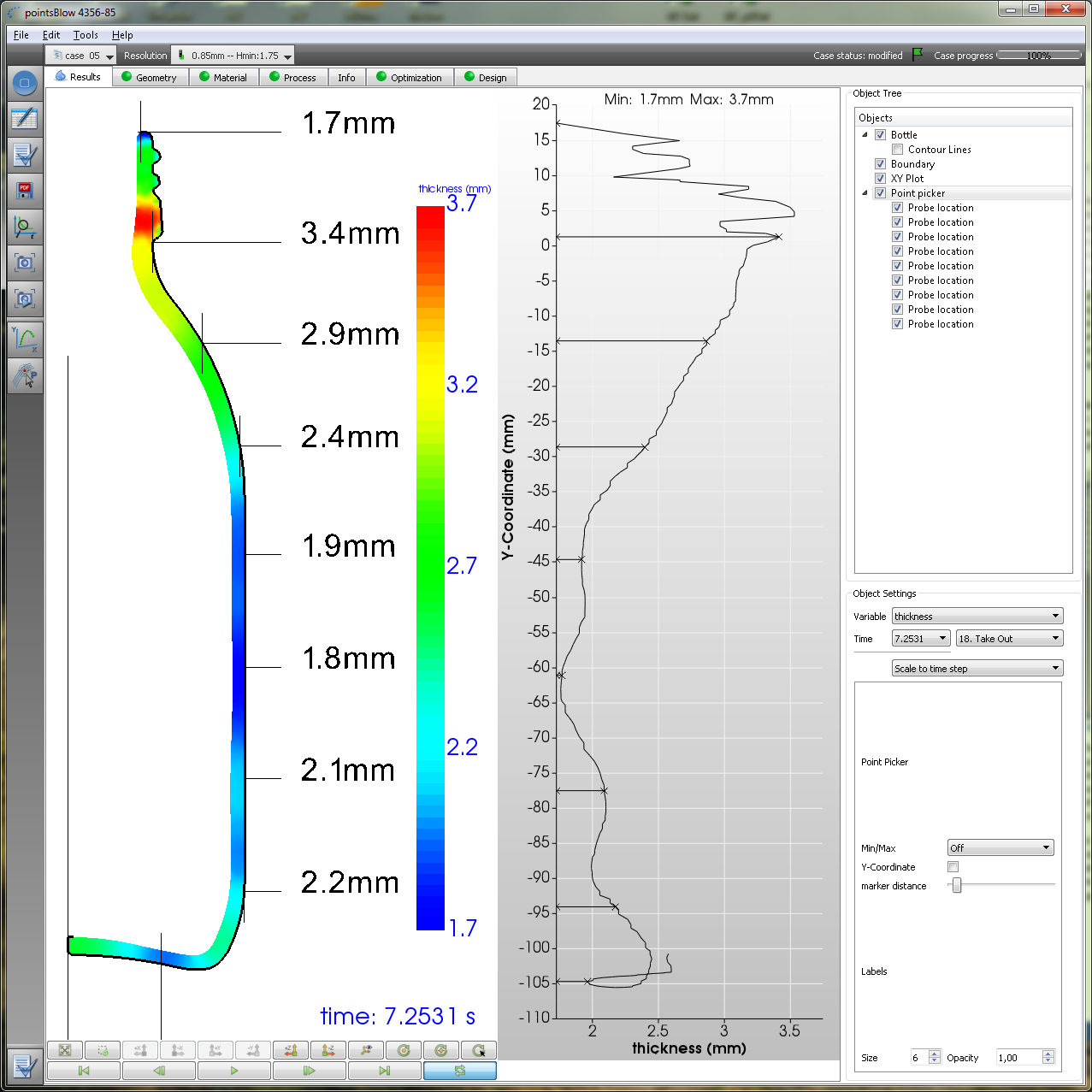 Symmetric container forming simulation: thickness distribution in NOGRID pointsBlow software
