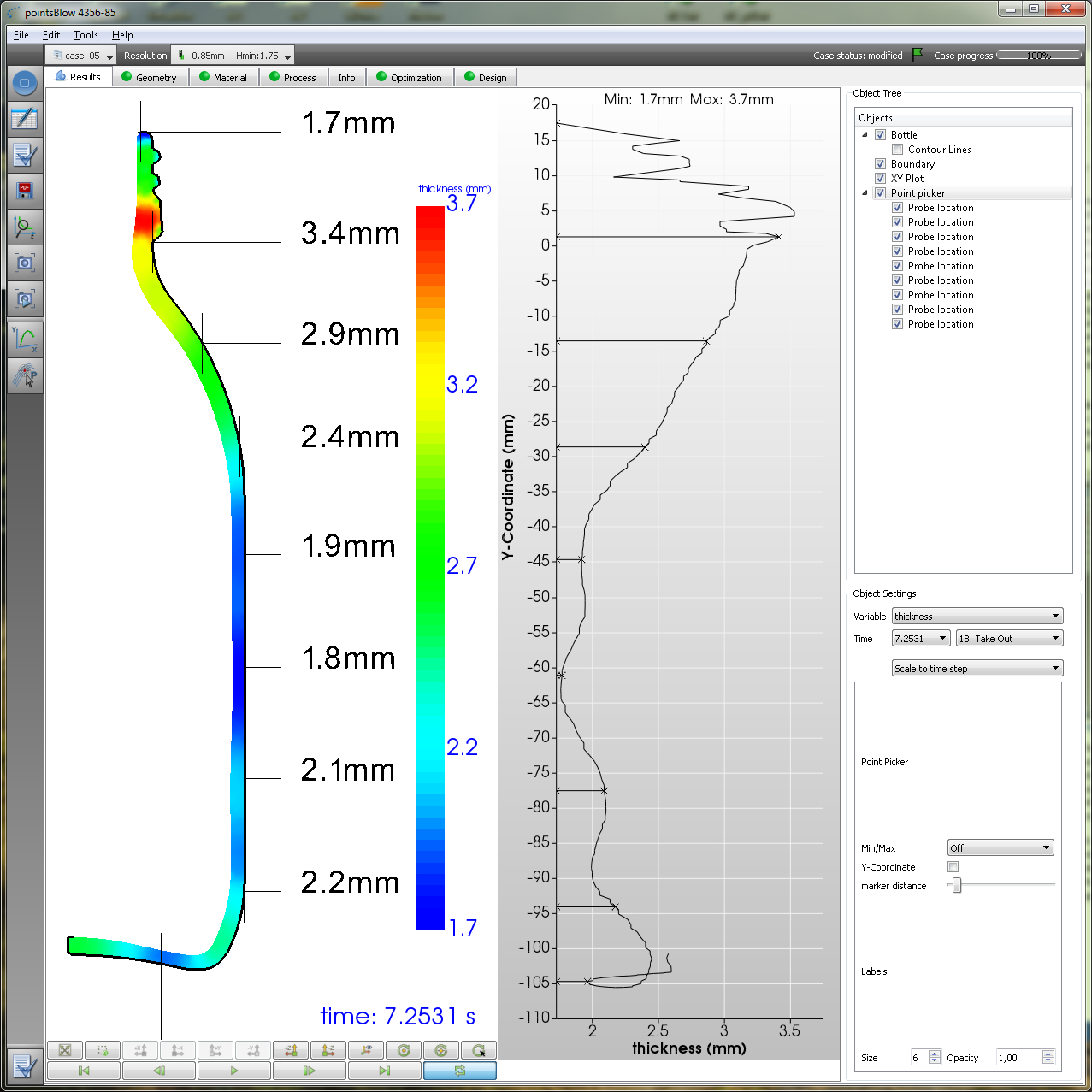 Thickness view glass bottle - simulation in NOGRID pointsBlow software