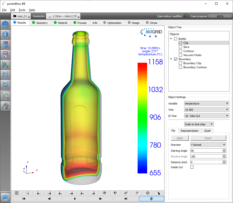 Simulation glass container results in 3D in NOGRID pointsBlow software