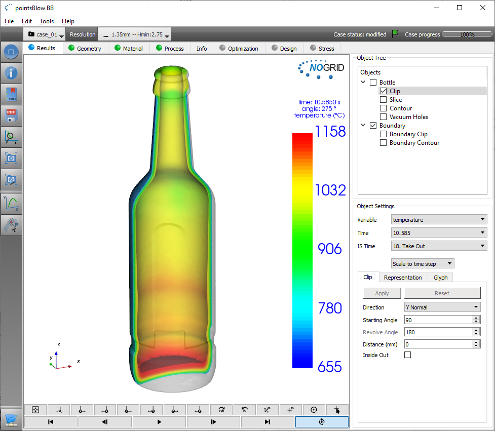 Non-symmetric container forming simulation in full 3D