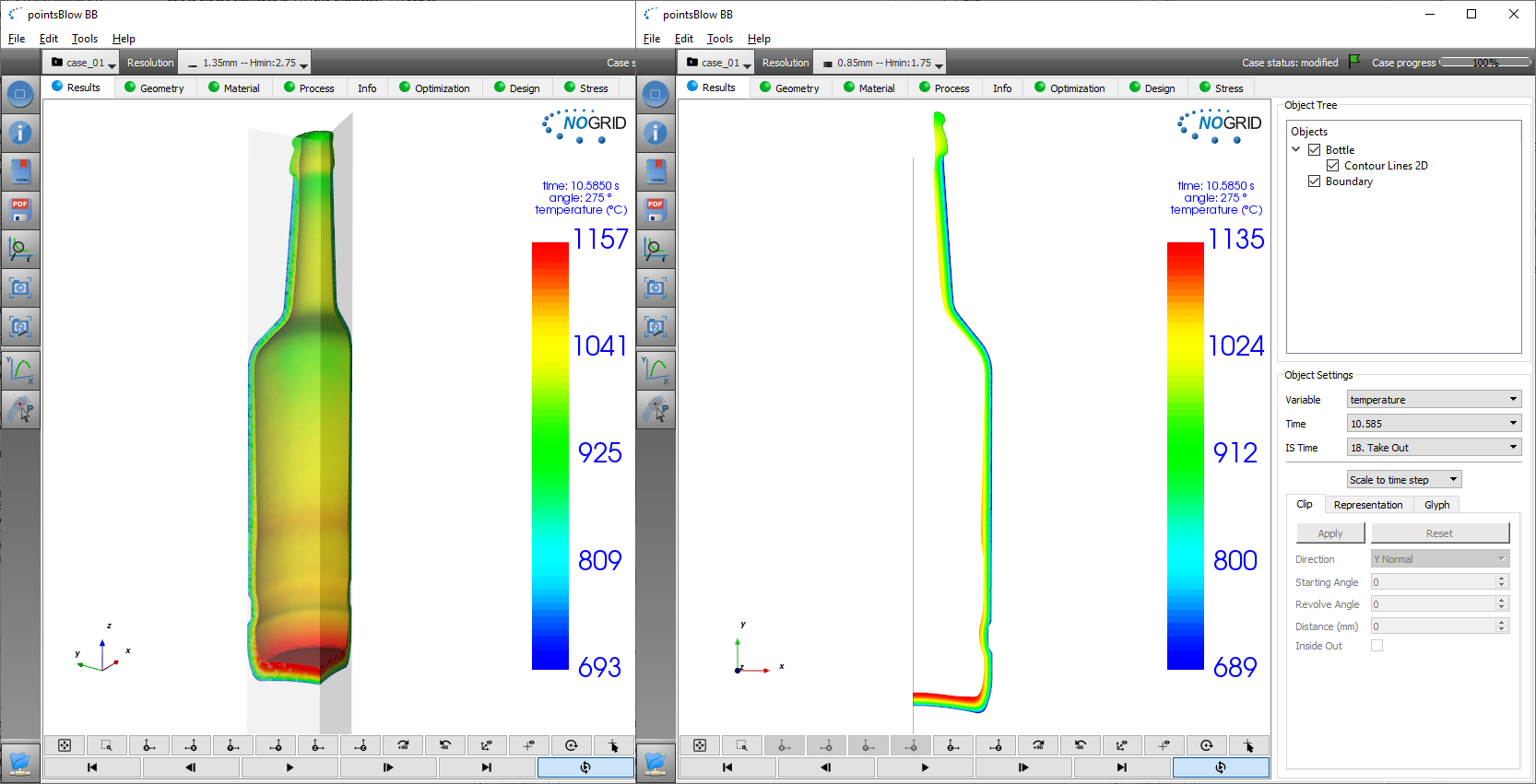 Results simulation containerglass forming with NOGRID pointsBlow CFD software