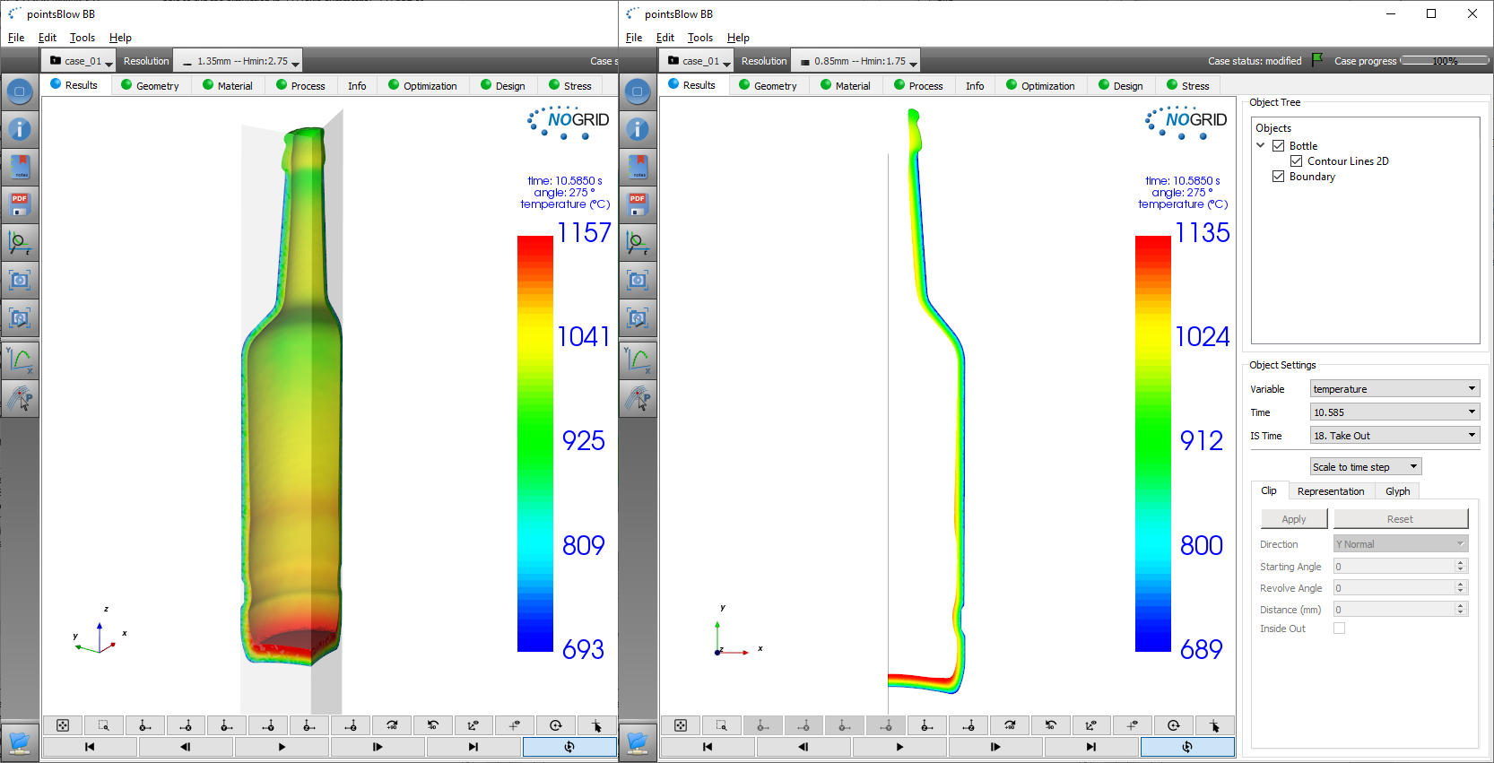 Results Blow and Blow container glass production in 3D clip and 2D (axis-symmetric)