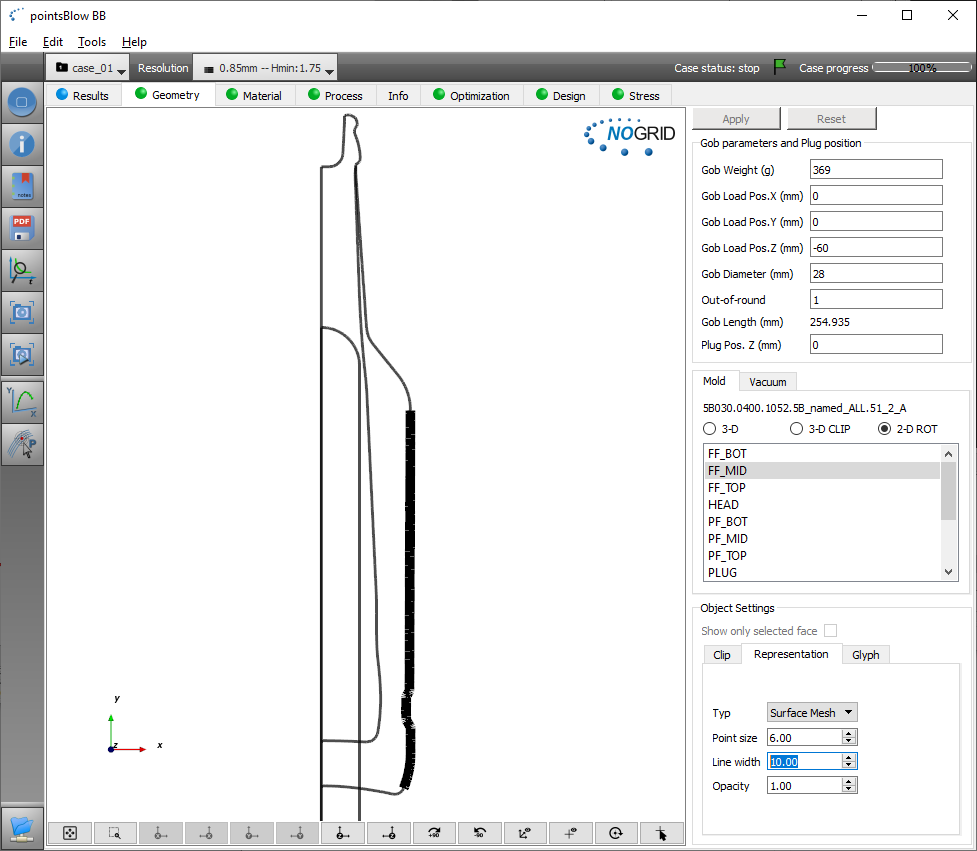 Geometry 2D (axis-symmetric) container glass simulation in NOGRID pointsBlow software