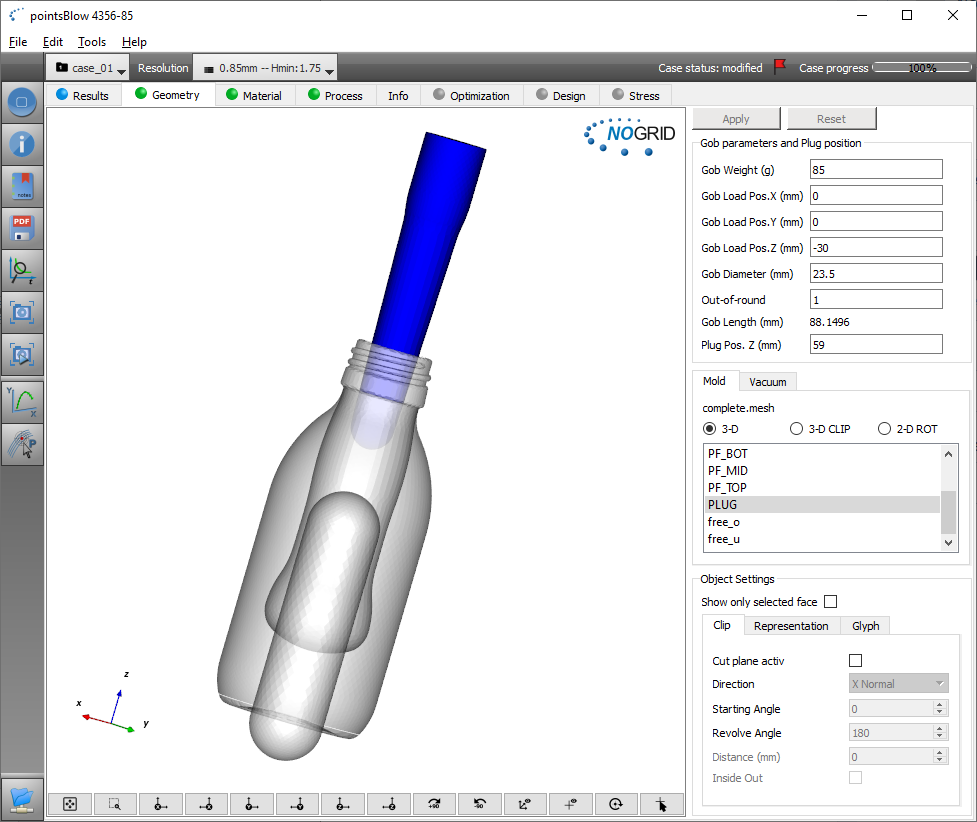 Geometry view glass container in NOGRID pointsBlow software