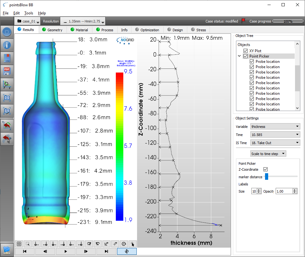 3D thickness view, xy-plot and point probing in container glass simulation software NOGRID pointsBlow
