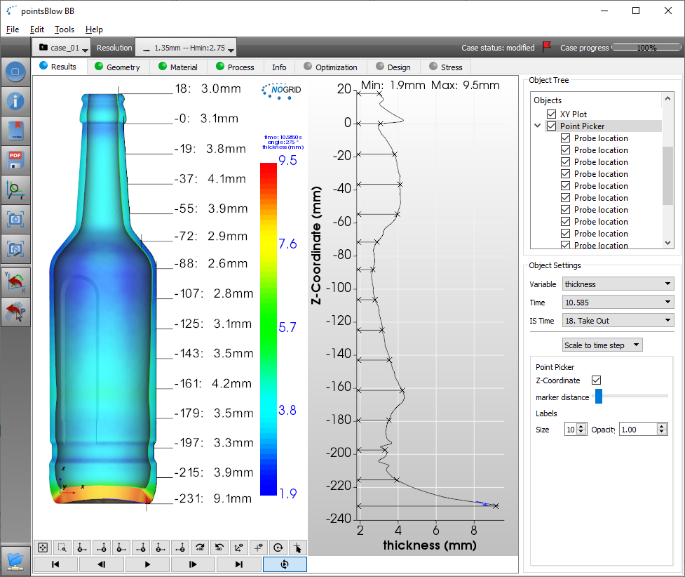 Dickenverteilung, XY-Plot und Point Probing in NOGRID pointsBlow Software