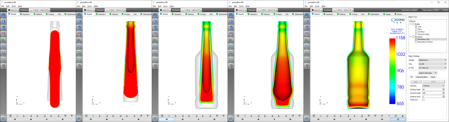 Result view of selected time steps - simulation of container glass forming in NOGRID pointsBlow software