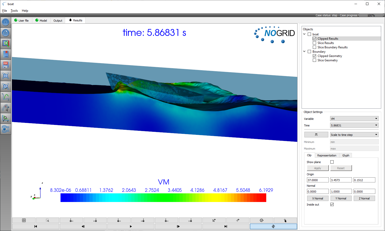 Simulation beschleunigtes Boot Ergebnis: Velocity und freie Oberfläche in GUI