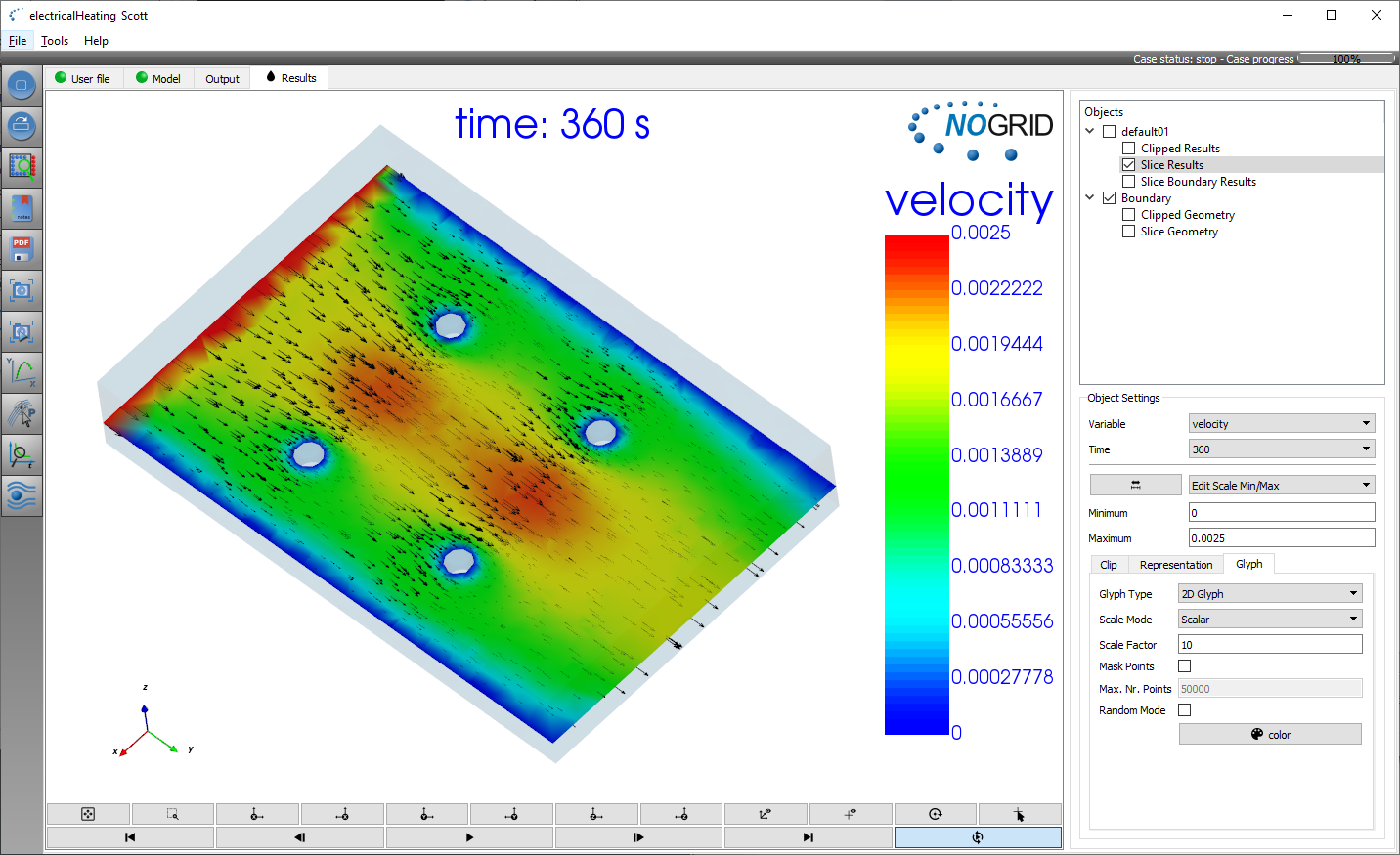 Fluid velocity field including velocity vectors in the NOGRID pointsGUI
