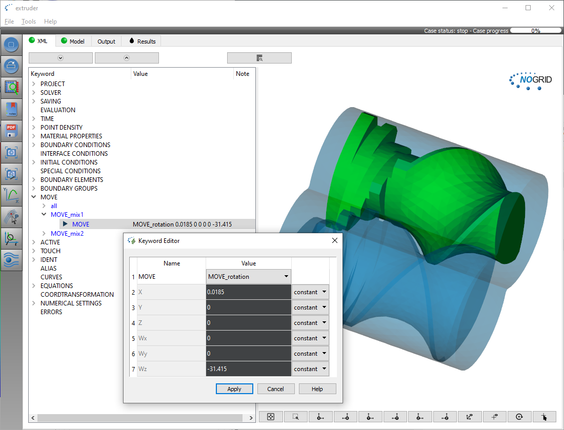 Extruder Case GUI setup and Initial Conditions in NOGRID points CFD software