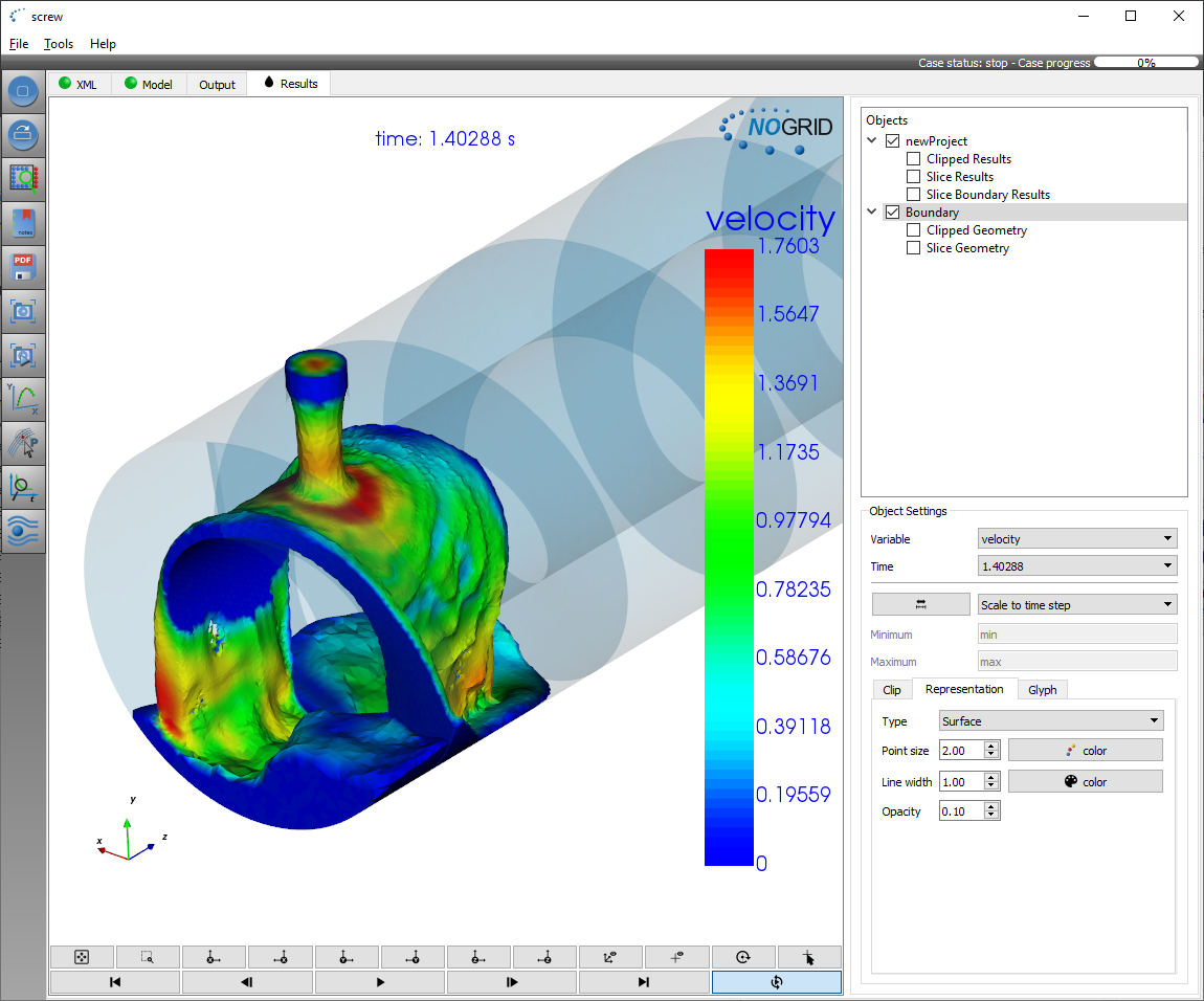Single screw extruder simulation results in NOGRID points GUI