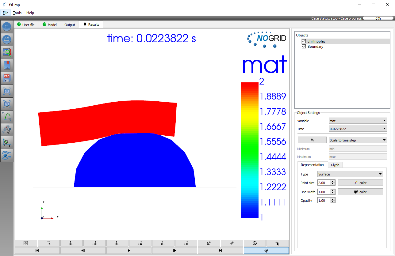 GUI view on the SSI simulation of an elastic beam falling on an elastic rubber body