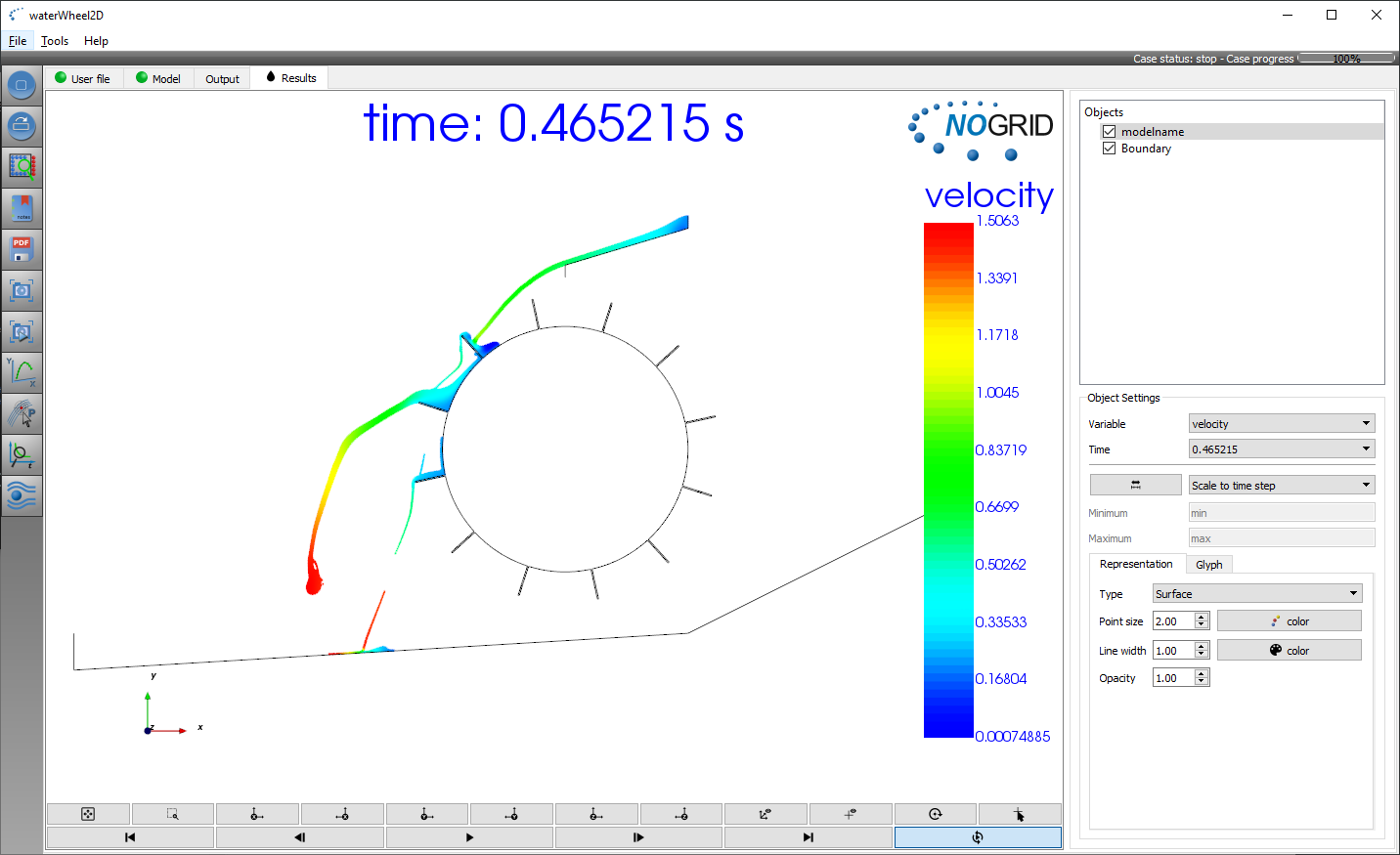 FSI 2D water wheel simulation GUI results 