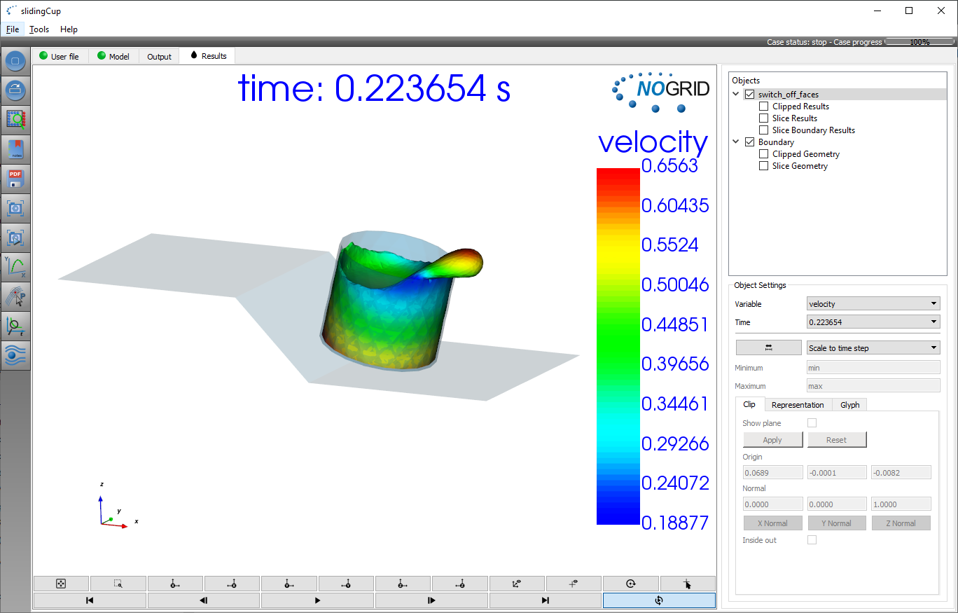 FSI 3D sliding cup GUI results in NOGRID points CFD software
