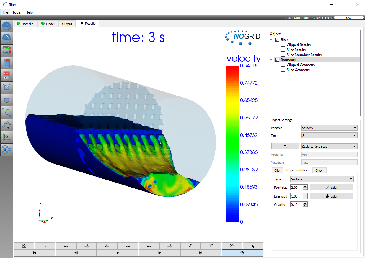 FSI 3D water filter GUI results 