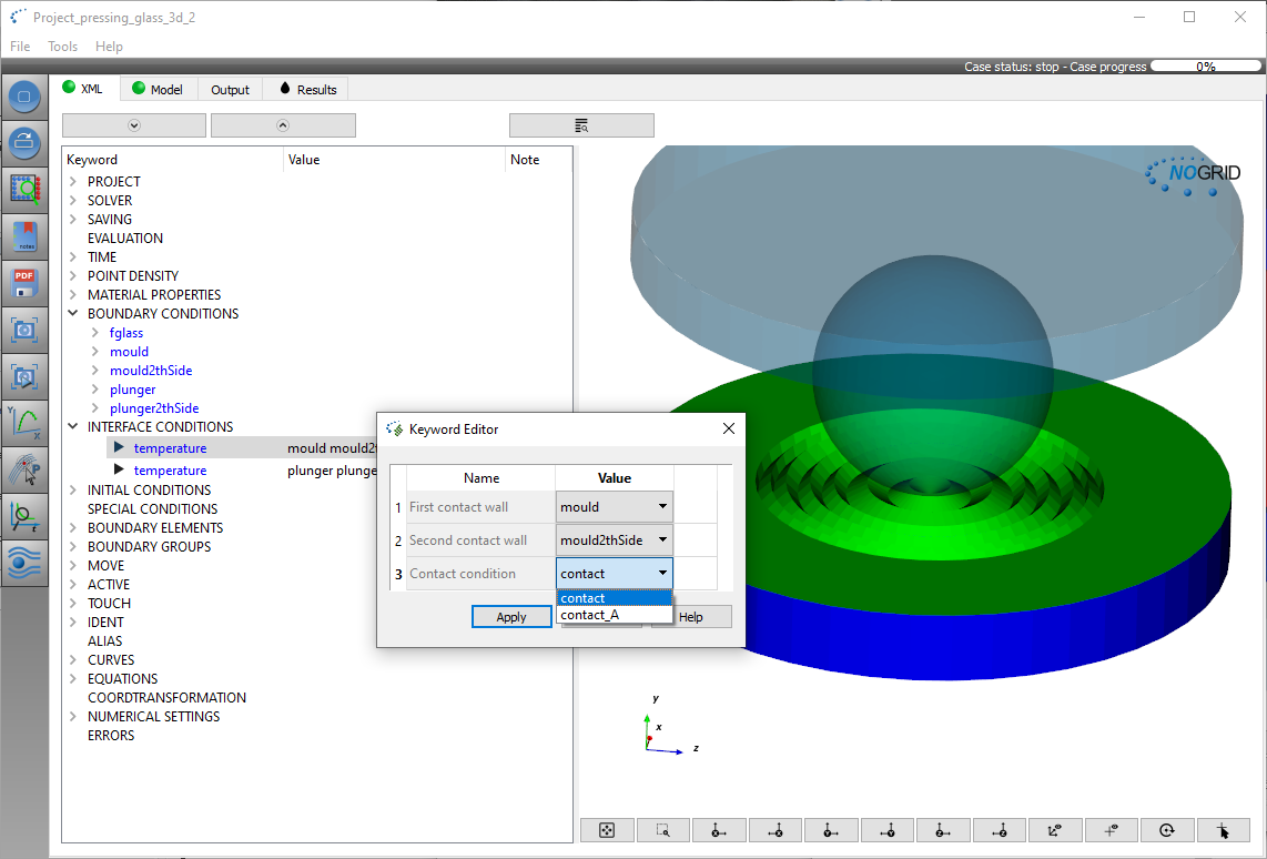 Simulation glass pressing case initial conditions in NOGRID points' GUI