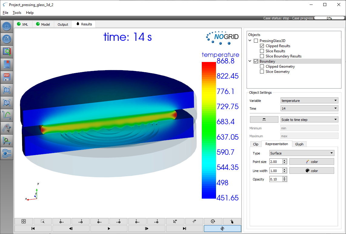 Glass pressing simulation results temperature in NOGRID points' GUI