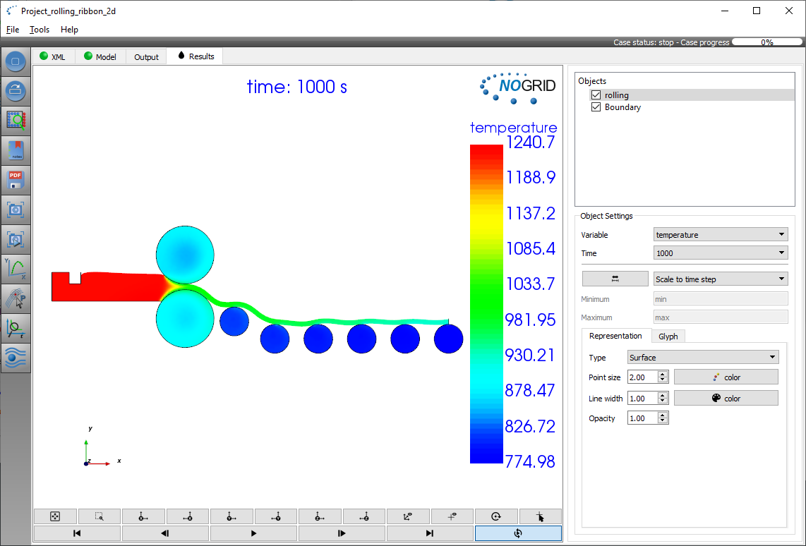 Simulation glass rolling temperature results in NOGRID points' GUI