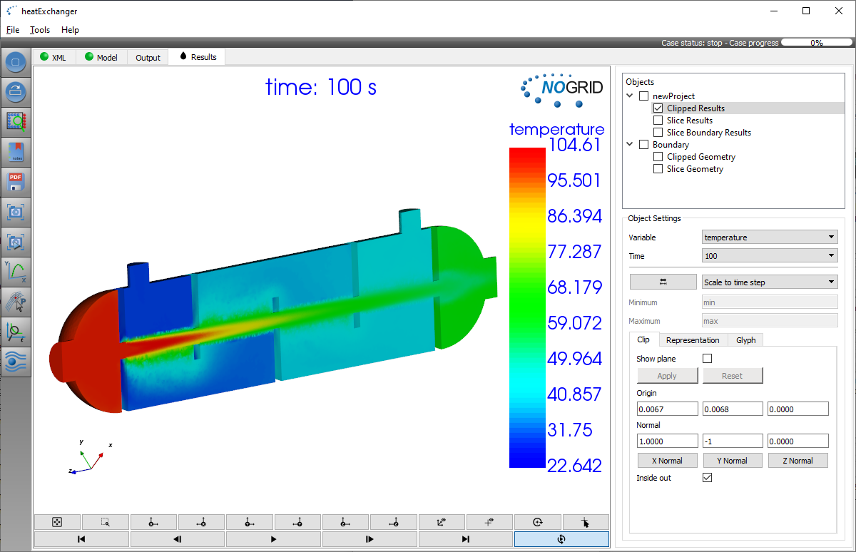 Heat exchanger simulation results - temperature distribution in both fluids