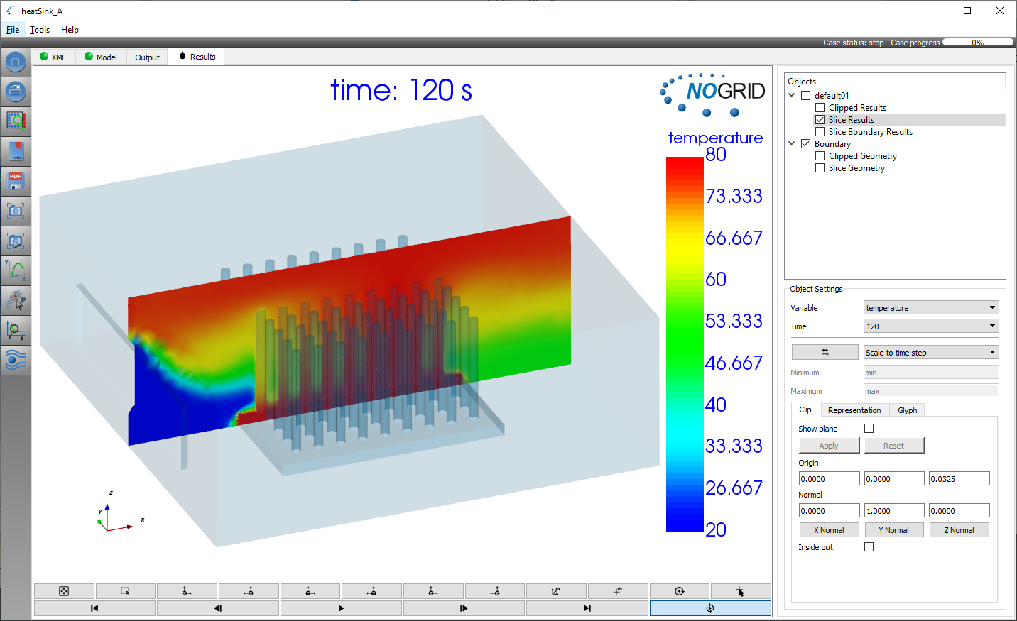 Temperature in air and heat sink shown in NOGRID points' GUI