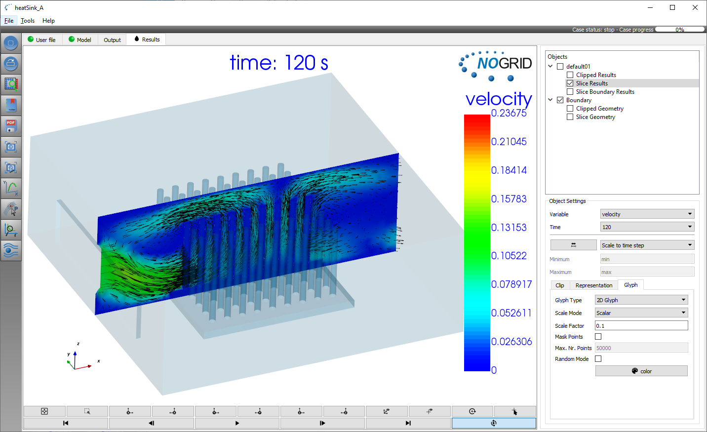 Velocity of air flow in the heat sink within NOGRID's GUI