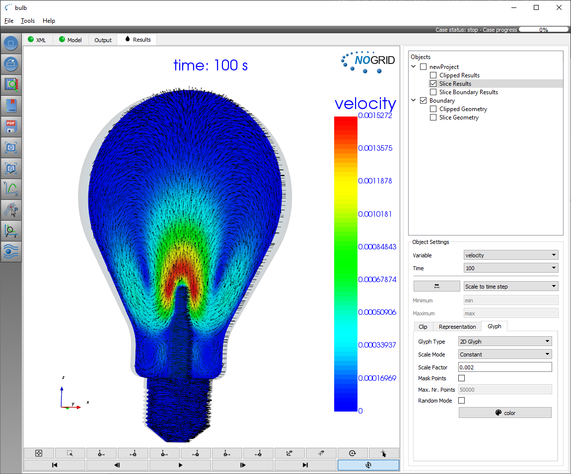 Strömungsgeschwindigkeit Glühbirne Aufheizen, berechnet mit NOGRID Software