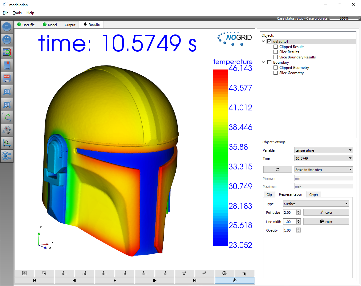 Simulation results: Helmet temperature [°C] in NOGRID points' GUI