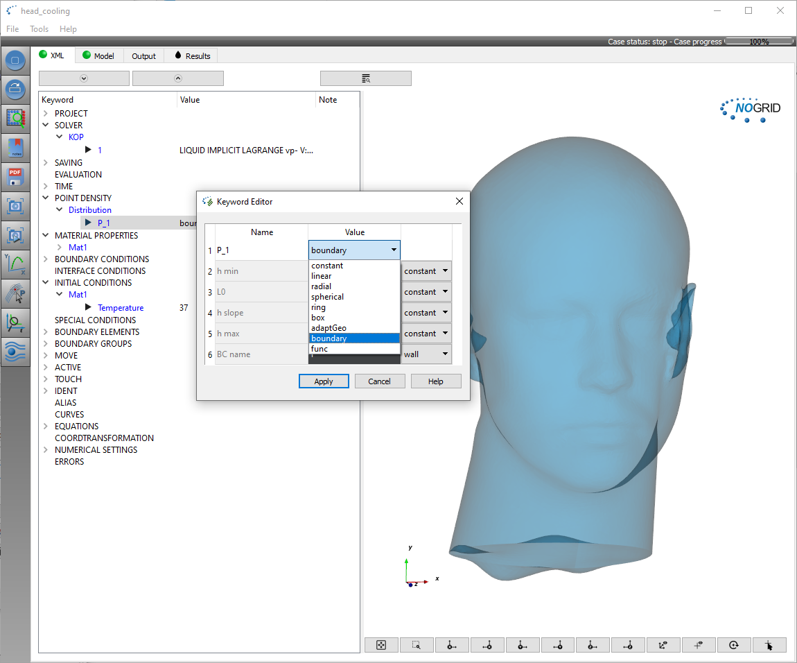 GUI Setup des Simulationsfalles 'Kühlung menschlicher Kopf'