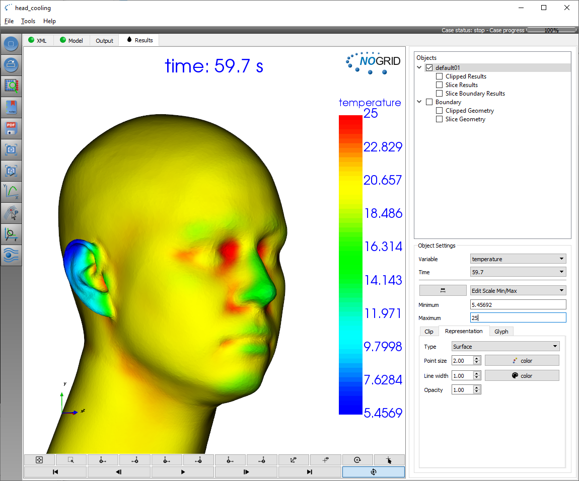 Results human head cooling in the GUI