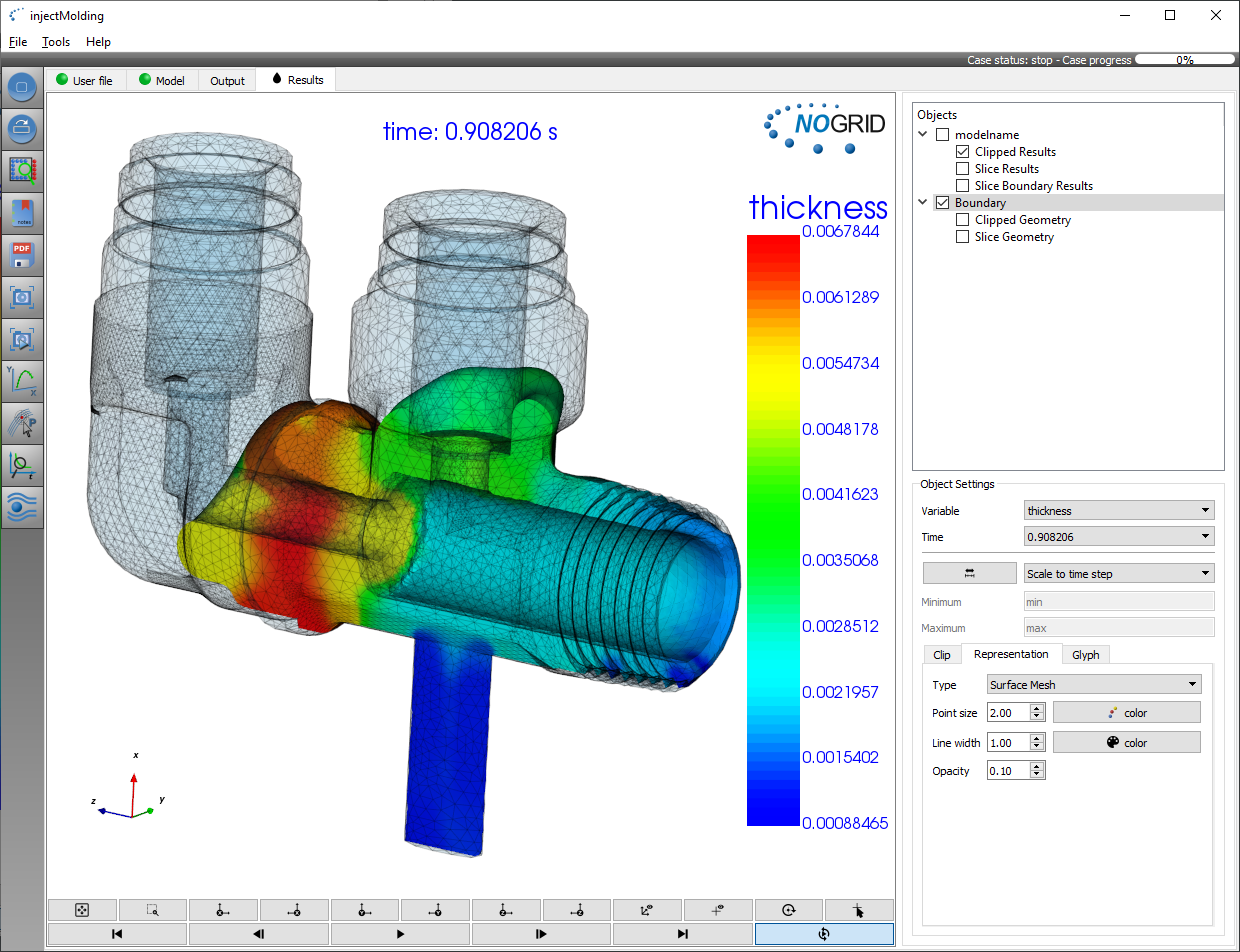 Injection Molding simulation GUI results in NOGRID points CFD software