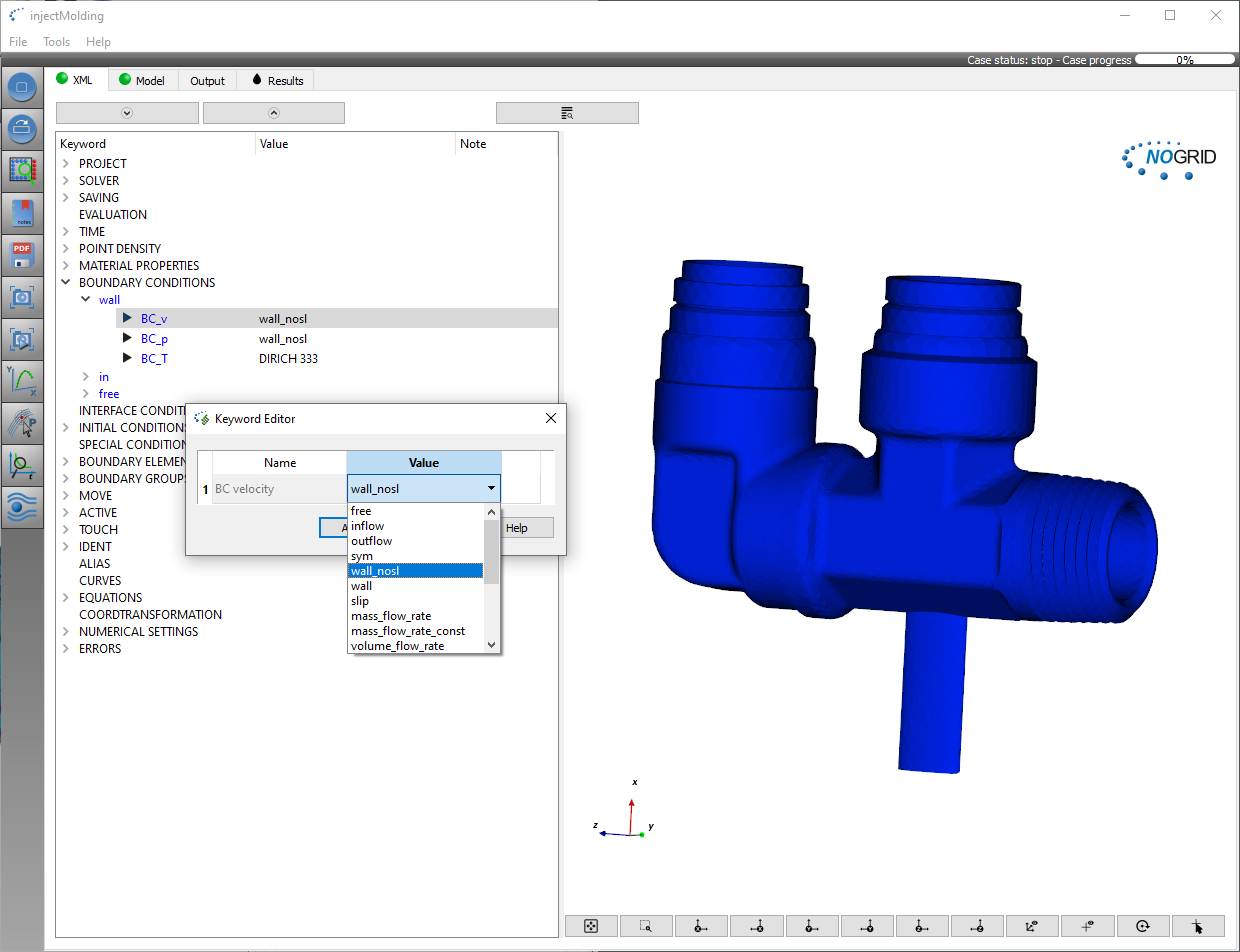 Injection molding setup and initial conditions in NOGRID points' GUI
