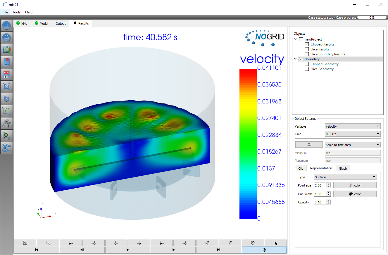 Simulation mixing disc stirrer GUI results 