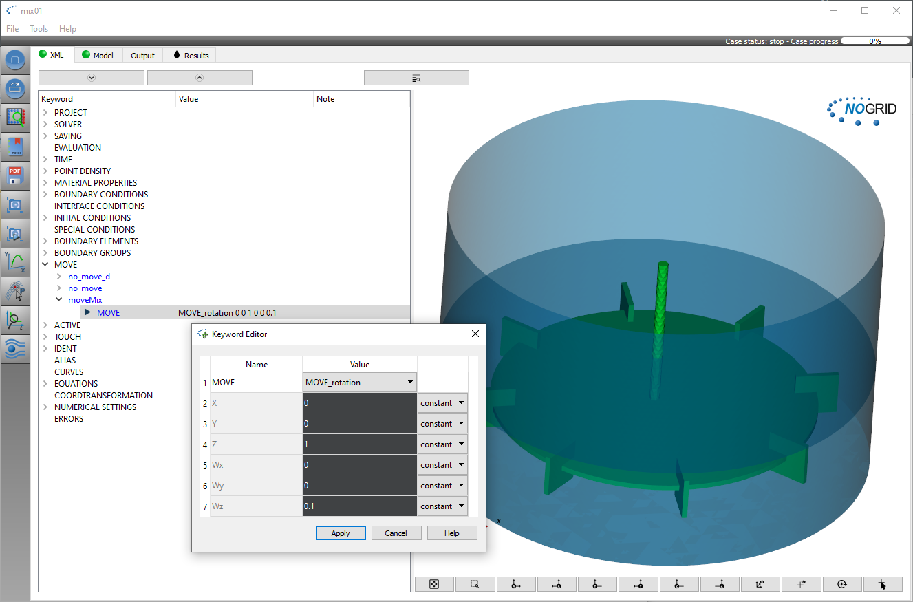 Disc stirrer setup and initial conditions in NOGRID points GUI
