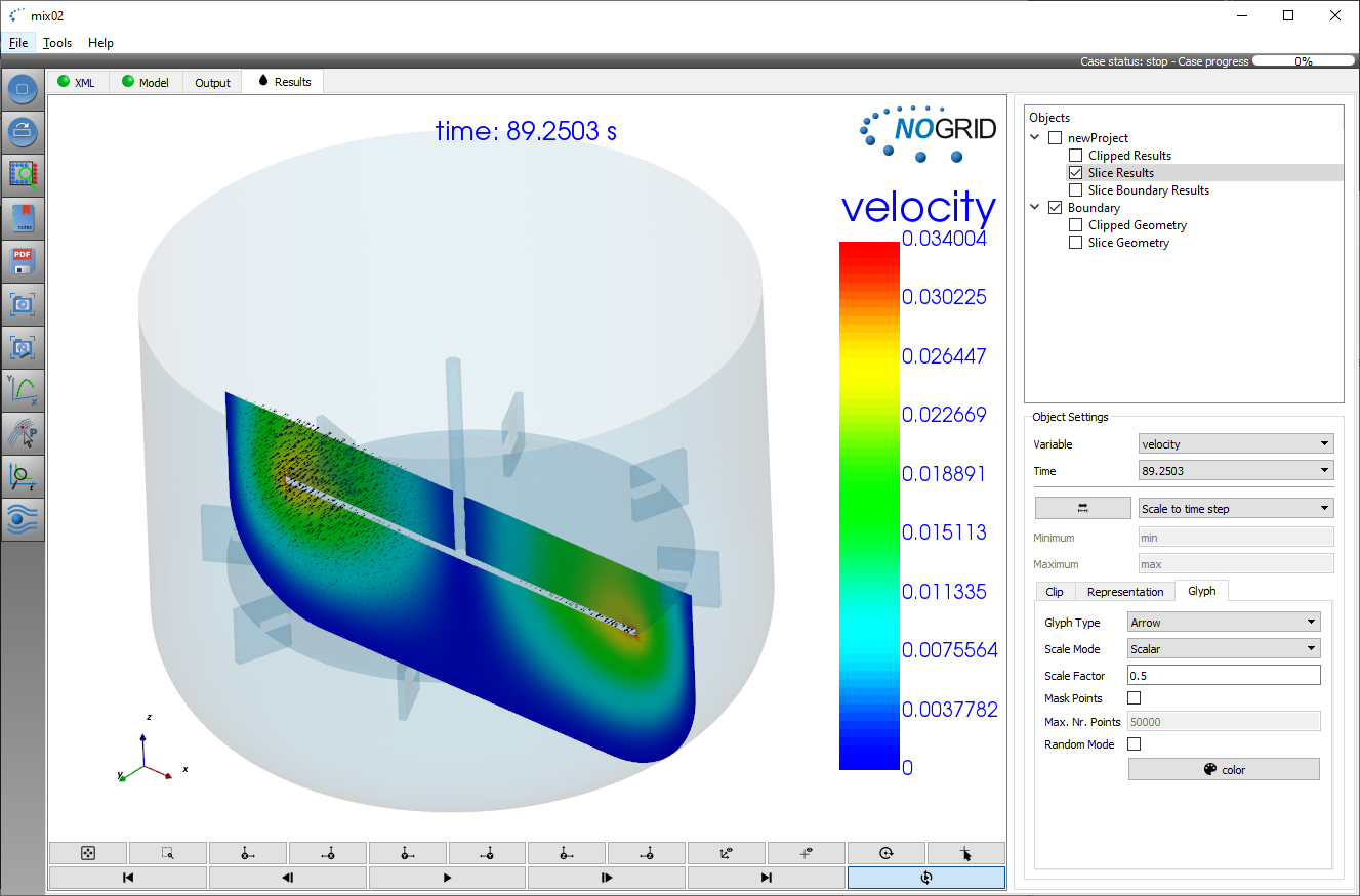 Simulation mixing with disc stirrer GUI results 