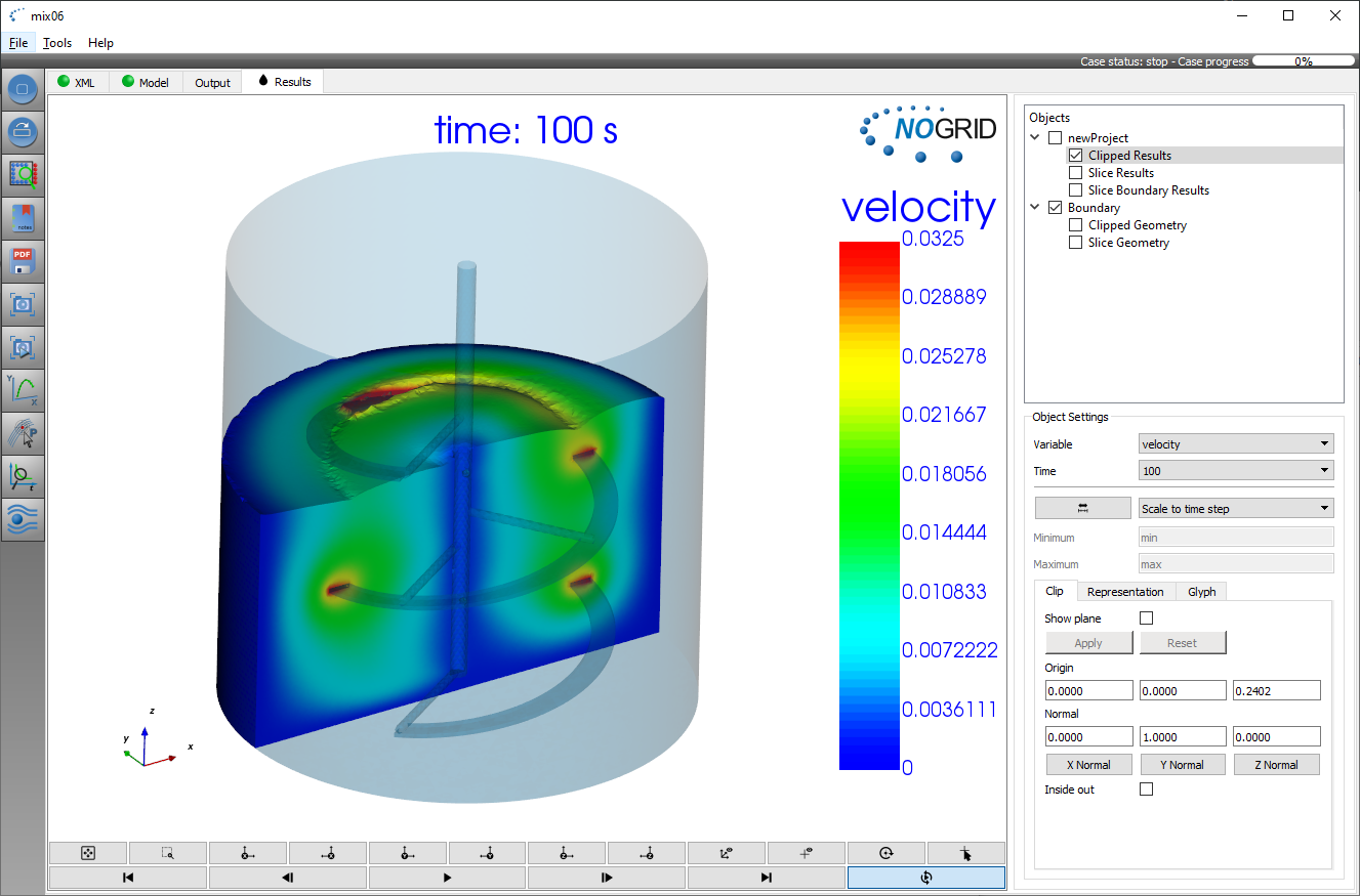 Mixing  with spiral screw stirrer simulation GUI results 