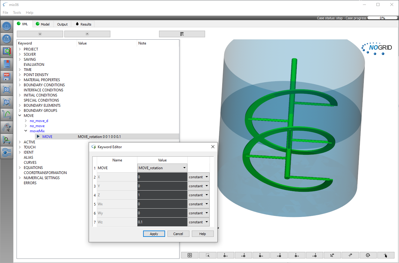 Mixing with spiral or screw stirrer GUI setup and Initial Conditions