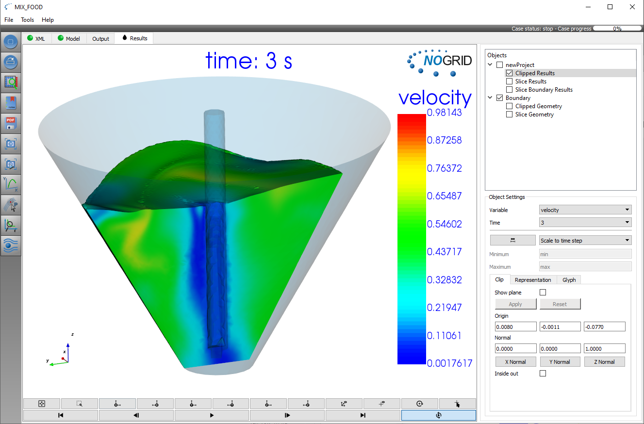 Food Mixer Simulation GUI results in NOGRID points CFD software