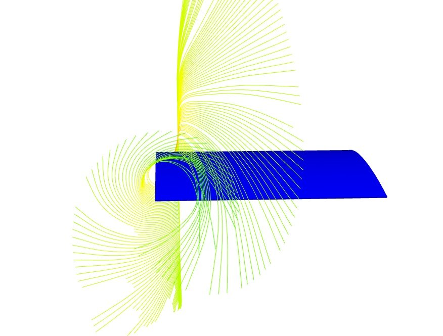 NACA model with stream traces seen from behind the model