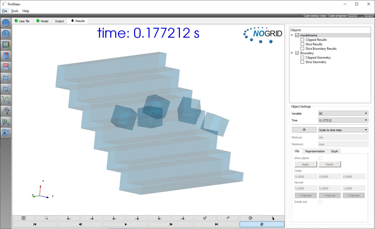 Simulationsergebnisse SSI fünf Kästen auf Treppe in der GUI