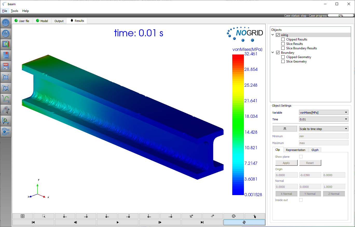 H-Beam stress analysis results in NOGRID points' GUI