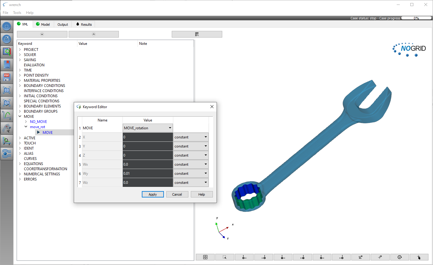 Wrench tool stress analysis setup within NOGRID points' GUI