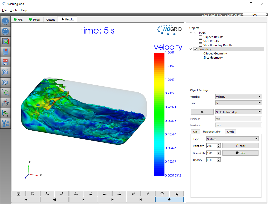 Simulation tank sloshing results in NOGRID points' GUI