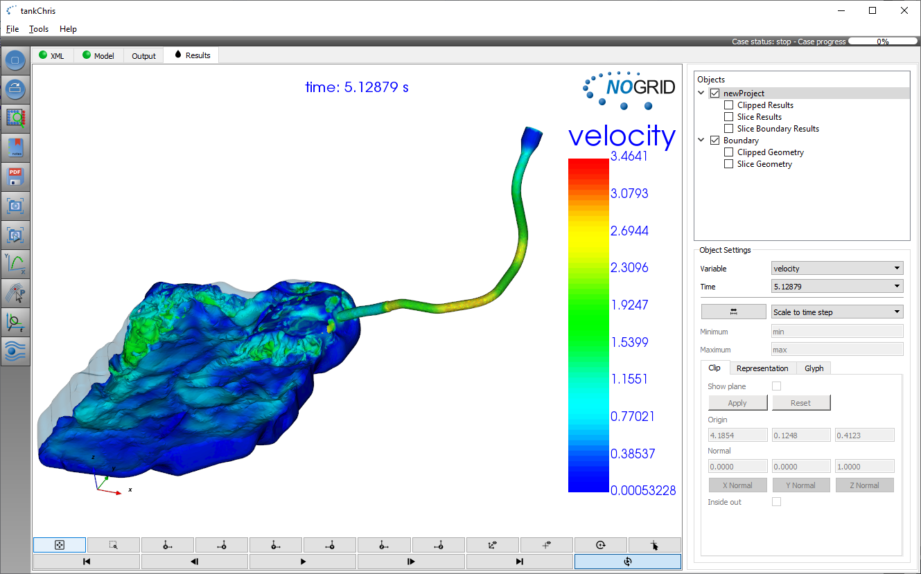 Tank filling simulation GUI results in NOGRID points CFD software
